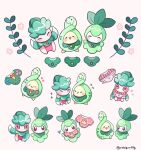  +++ :d ^_^ animal_focus blush budew closed_eyes colored_skin commentary_request fomantis green_skin leaf mochopaccho no_humans petilil pokemon pokemon_(creature) red_eyes sitting smile solid_oval_eyes twitter_username white_background white_skin 