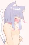  1girl animal_ear_fluff animal_ears bad_id blue_hair blunt_bangs blunt_ends blush bob_cut breasts cat_ears cat_tail closed_eyes fang heart highres implied_sex kanibo medium_hair navel nude open_mouth original out-of-frame_censoring small_breasts solo sweat tail tail_wagging 