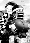  1boy 1girl absurdres belt blindfold blush breasts carrying checkered_clothes grabbing grabbing_another&#039;s_breast greyscale haori hat heavy_breathing highres huge_breasts japanese_clothes kakushi_(kimetsu_no_yaiba) kamado_tanjirou kimetsu_no_yaiba large_breasts long_sleeves monochrome nesz_r outdoors piggyback puffy_long_sleeves puffy_sleeves scar scar_on_face scar_on_forehead veil 