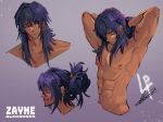  1boy abs absurdres armpits arms_up character_name closed_eyes closed_mouth dark-skinned_male dark_skin earrings gradient_background highres jewelry jock_studio_(blits_games) levi_priapus long_hair male_focus multiple_views muscular muscular_male navel nipples pectorals purple_background purple_hair signature tying_hair upper_body zayne_alexander 