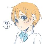  1girl ? blue_bow blue_bowtie blush bow bowtie closed_mouth collared_shirt commentary_request dress_shirt hoshizora_rin kashikaze looking_at_viewer love_live! love_live!_school_idol_project orange_hair school_uniform shirt short_hair simple_background solo spoken_question_mark striped striped_bow striped_bowtie upper_body white_background white_shirt yellow_eyes 