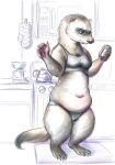  2023 anthro appliance black_eyes cellphone claws clothed clothing container cup cute_fangs domestic_ferret female fur grey_body grey_fur handwear hi_res kitchen kitchen_appliance looking_at_object mammal microwave_oven mug mustelid musteline oddwilds oven oven_mitts panties phone plate semi-anthro shirt slightly_chubby smartphone solo tan_body tan_fur tank_top topwear true_musteline underwear underwear_only weasel 