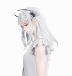  1girl commentary demon_girl dress english_commentary from_side highres horns looking_at_viewer original profile red_eyes sad sideways_glance simple_background solo sunmoony upper_body white_background white_dress white_hair 