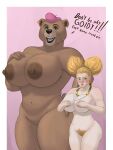  2023 3:4 5_fingers absurd_res accessory adopted_(lore) adopted_daughter_(lore) adoptive_mother_(lore) age_difference anthro anthrofied areola areola_slip arms_bent bear beret beret_only big_areola big_breasts big_nipples biped black_eyebrows black_eyelashes black_eyelids black_lips black_nose black_pupils black_text blonde_eyebrows blonde_hair blonde_pubes blue_eyes blush blush_lines breast_size_difference breasts brown_areola brown_body brown_fur brown_nipples clothing countershade_snout countershading covering covering_breasts covering_self curved_eyebrows curvy_figure dialogue digital_drawing_(artwork) digital_media_(artwork) dreamworks duo ear_piercing ear_ring embarrassed english_text eyebrows eyelashes eyelids fangs female fingers fur genitals geometric_background glistening glistening_eyelids glistening_eyes glistening_lips glistening_nose goldilocks goldilocks_(puss_in_boots) green_sclera hair hair_accessory hair_bun hairband hand_on_breast hand_on_hip hand_on_own_breast hand_on_own_hip hands_on_own_breasts hat hat_only headgear headgear_only headwear headwear_only hi_res huge_breasts human humanoid_ears humanoid_hands humanoid_nose innie_pussy jewelry larger_anthro larger_female legs_together light_body light_skin lips looking_at_another looking_at_partner looking_away looking_down looking_down_at_partner mama_bear mama_bear_(puss_in_boots) mammal mature_anthro mature_female mostly_nude mostly_nude_anthro mostly_nude_female mostly_nude_human mouth_closed multicolored_hairband multicolored_jewelry multicolored_necklace name_drop name_in_dialogue navel necklace nipples no_irises older_anthro older_female open_mouth pancarta piercing pink_areola pink_beret pink_clothing pink_hat pink_headwear pink_lips pink_tongue portrait pubes pupils puss_in_boots_(film) puss_in_boots_the_last_wish pussy ring_piercing round_ears shadow short_tail simple_background size_difference smaller_female smaller_human snout standing straight_legs tail talking_to_another talking_to_partner teeth text thick_bottom_lip thick_neck thick_thighs three-quarter_portrait tongue vein veiny_breasts white_body white_countershading white_fur wide_hips younger_female younger_human 