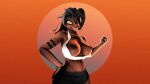  3d_(artwork) alicia_(domibun) anthro arm_tattoo belly big_breasts black_hair bovid breasts caprine digital_media_(artwork) domibun exposed_breasts female goat gradient_background hair hi_res humanoid intersex intersex/female latina looking_at_viewer mammal poster simple_background smile smirk solo source_filmmaker star tattoo valve wolfyxcharged00 yellow_eyes 