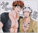  2boys abs black_hair chest_tattoo clenched_teeth commentary_request earrings eustass_kid facial_hair goatee goggles goggles_on_head hat highres jewelry looking_at_viewer male_focus multiple_boys muscular muscular_male one_piece pectorals piratesebine red_eyes red_hair red_lips scar scar_on_face shirt short_hair sweatdrop tattoo teeth trafalgar_law v-shaped_eyebrows yellow_eyes yellow_shirt 