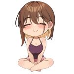  1girl absurdres blush breasts brown_hair chibi cleavage closed_eyes closed_mouth colored_inner_hair dangle_earrings earrings highres jewelry large_breasts mole mole_under_eye multicolored_hair ol-chan_(udon) original short_hair sitting smile solo udon_(udonalium) v_arms 