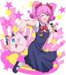  ;&gt; black_footwear bow full_body hair_bow highres holding holding_microphone jigglypuff kurusu_sadako mary_janes microphone music outstretched_hand pink_bow pokemon purple_eyes red_bow shishiruto shoes short_sleeves short_twintails sidelocks singing socks star_(symbol) twintails undead_unluck white_socks 