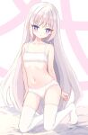  1girl :o absurdres bed_sheet bra commentary crotch_seam full_body highres kneeling light_blush long_hair looking_at_viewer navel on_bed original pale_skin panties parted_lips purple_eyes shooko solo thighhighs training_bra underwear underwear_only very_long_hair white_bra white_hair white_panties white_thighhighs 