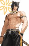  1boy abs animal_ears arknights arm_tattoo black_hair black_shorts broca_(arknights) closed_mouth cowboy_shot goggles goggles_around_neck hand_in_pocket highres male_focus medium_hair muscular muscular_male navel nipples pectorals serious shorts simple_background smartwatch solo tail tattoo tiger_boy tiger_ears tiger_tail watch white_background wrist_belt wristband wristwatch zerg_(z79438659) 