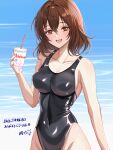  1girl black_one-piece_swimsuit breasts brown_eyes brown_hair commentary_request commission competition_swimsuit covered_navel cowboy_shot drinking_straw highleg highleg_swimsuit highres large_breasts looking_at_viewer one-piece_swimsuit original short_hair skeb_commission smile solo swimsuit translation_request tsukiyuki_mike tumbler 
