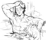  2boys aoi_(husiginokuninoa) armpits bara bathing doodle_inset glowing_crotch golden_kamuy greyscale implied_yaoi large_pectorals male_focus monochrome multiple_boys muscular muscular_male no_headwear nude old old_man pectorals scar scar_on_face scar_on_mouth scar_on_nose short_hair sketch solo_focus sugimoto_saichi towel towel_on_head upper_body wet wet_hair 