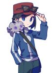  1boy absurdres bag black-framed_eyewear black_hair blue_eyes blue_jacket calem_(pokemon) closed_mouth commentary_request espurr green_pants hand_in_pocket hand_on_headwear hand_up hat highres jacket long_sleeves male_focus omochi_(omotimotittona3) on_shoulder pants pokemon pokemon_(creature) pokemon_(game) pokemon_on_shoulder pokemon_xy red_headwear short_hair shoulder_bag simple_background sunglasses white_background zipper_pull_tab 