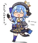  1girl asymmetrical_legwear beret blue_hair blush_stickers closed_eyes commentary_request full_body gloves hat hololive hoshimachi_suisei hoshimachi_suisei_(1st_costume) kanikama mismatched_legwear open_mouth partially_fingerless_gloves side_ponytail smile solo star_(symbol) thigh_strap translation_request virtual_youtuber 