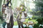  1boy 1girl ahoge animal_ears backpack bag bird black_hair collei_(genshin_impact) collei_(kiehls&#039;)_(genshin_impact) eyewear_on_head fingerless_gloves flower forest fox_boy fox_ears fox_tail genshin_impact gloves goggles goggles_around_neck green_hair grey_gloves hair_between_eyes hair_flower hair_ornament highres holding holding_jar holding_magnifying_glass jar lantern leaf leaf_on_head magnifying_glass multicolored_hair nature official_alternate_costume official_art streaked_hair table tail tighnari_(genshin_impact) tighnari_(kiehls&#039;)_(genshin_impact) white_gloves wooden_table 