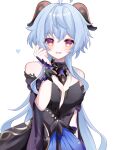  1girl :d ahoge bare_shoulders black_dress blue_hair commentary_request cosplay dress ganyu_(genshin_impact) genshin_impact hand_up heart horns keqing_(genshin_impact) keqing_(genshin_impact)_(cosplay) kino_(curry_pan) long_hair looking_at_viewer off-shoulder_dress off_shoulder open_mouth orange_eyes short_sleeves simple_background smile solo upper_body very_long_hair white_background 