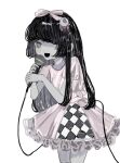  1girl :d @_@ black_hair choker colored_skin cowboy_shot dress eyeball_hair_ornament frilled_dress frills grey_eyes grey_skin hair_ribbon hands_up highres holding holding_microphone hougetsu_(moon_neetcat) long_hair looking_at_viewer microphone open_mouth original pink_choker pink_dress pink_ribbon puffy_short_sleeves puffy_sleeves ribbon short_sleeves simple_background smile solo standing white_background 