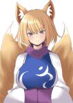  1girl animal_ears blonde_hair blue_tabard breasts commentary_request dress fox_ears fox_girl fox_tail hands_in_opposite_sleeves highres large_breasts long_sleeves looking_at_viewer multiple_tails no_headwear purple_eyes solo sunaguma tabard tail touhou white_background white_dress wide_sleeves yakumo_ran 