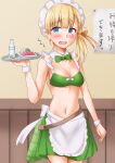  1girl adapted_costume alternate_costume anti_(untea9) apron bikini blonde_hair blue_eyes blunt_bangs bow bowtie breasts cleavage commentary_request cowboy_shot detached_collar enmaided food frilled_apron frills green_bikini green_bow green_bowtie hair_ribbon highres kantai_collection long_hair maid maid_headdress meat navel ribbon shin&#039;you_(kancolle) small_breasts solo swimsuit tokkuri waist_apron wrist_cuffs 