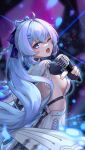  1girl ;d ahoge black_gloves blue_eyes blue_hair braid breasts chinese_commentary commentary commentary_request dress fang fingerless_gloves from_side gloves hair_ornament hairclip highres holding holding_microphone honkai_(series) honkai_impact_3rd long_hair looking_at_viewer medium_breasts microphone one_eye_closed open_mouth pink_pupils pointing pointing_at_viewer ponytail shigure_kira sideboob smile solo upper_body very_long_hair white_dress yelan_xing_xuan 