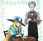  1boy 1girl alternate_color blonde_hair blue_hair bow bowtie breast_pocket cogita_(pokemon) cogita_(pokemon)_(cosplay) cosplay cup cynthia_(pokemon) cyrus_(pokemon) dress erushiza gloves hair_over_one_eye hat holding holding_tray looking_at_viewer on_chair pocket pokemon pokemon_(game) pokemon_dppt pokemon_legends:_arceus signature sitting smile table tray waiter white_gloves 