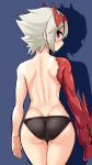  1girl ass back black_panties blue_background blush commentary cougar_(cougar1404) cowboy_shot crotch_seam dragon:_marked_for_death empress_(dmfd) from_behind headgear looking_at_viewer looking_back panties red_eyes red_headwear scar scar_on_cheek scar_on_face shadow short_hair solo standing thigh_gap underwear underwear_only white_hair 