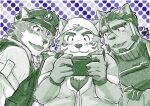  anthro bandanna barrel_(live_a_hero) blush canid canine canis cellphone clothing domestic_cat domestic_dog eyebrows felid feline felis group indoman_x kerchief lifewonders live_a_hero male mammal mokdai phone policeman slightly_chubby smartphone sweater thick_eyebrows topwear trio tsuneaki turtleneck wolf 