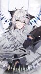  1girl animal_ears arknights black_coat black_gloves blood blood_on_face coat dual_wielding gloves grey_eyes grey_hair hair_ornament hairclip highres holding holding_sword holding_weapon lappland_(arknights) lappland_(refined_horrormare)_(arknights) long_hair long_sleeves messy_hair object_hug official_alternate_costume scar scar_across_eye smile solo statue sword weapon weeiskaw wolf_ears wolf_girl 