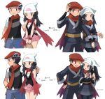  2boys 2girls ? akari_(pokemon) beanie black_hair black_headwear black_sash blue_eyes dawn_(pokemon) hair_ornament hairclip hat head_scarf highres long_hair lucas_(pokemon) multiple_boys multiple_girls pink_skirt poke_ball pokemon pokemon_(game) pokemon_dppt pokemon_legends:_arceus red_scarf rei_(pokemon) sash sawarabi_(sawarabi725) scarf short_sleeves skirt watch white_headwear wristwatch 