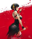  1girl ass back bare_shoulders black_dress black_hair black_thighhighs breasts closed_mouth dagger dress earrings gold_hairband hair_bun hairband holding holding_dagger holding_knife holding_weapon jewelry jk_arts knife large_breasts looking_at_viewer looking_back profile red_eyes short_hair signature sleeveless sleeveless_dress solo spy_x_family stiletto_(weapon) thighhighs thighs torn_clothes torn_dress twitter_username weapon yor_briar 