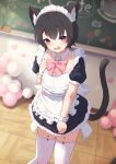  1girl absurdres animal_ear_fluff animal_ears apron balloon black_dress black_hair blurry blurry_background blush bow cat_ears cat_girl cat_tail chalkboard collar collarbone commentary_request depth_of_field detached_collar dress flying_sweatdrops frilled_apron frills garter_straps hair_between_eyes heart highres hinata_(user_rjkt4745) indoors looking_at_viewer maid maid_headdress open_mouth original pink_bow puffy_short_sleeves puffy_sleeves purple_eyes short_sleeves solo standing tail thighhighs wavy_mouth white_apron white_collar white_thighhighs wing_collar wooden_floor 