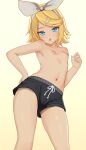  :o aruman black_shorts blonde_hair blue_eyes bow breasts commentary contrapposto cowboy_shot from_below gradient_background hair_bow hair_ornament hairband hairclip hand_on_own_thigh hand_up highres kagamine_rin looking_at_viewer looking_down navel nipples paid_reward_available shorts simple_background small_breasts swept_bangs topless upshorts variant_set vocaloid white_bow yellow_background yellow_nails 