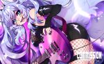  1girl animal_ears black_nails blue_hair breasts commission cookie_hana fangs fishnet_pantyhose fishnets fox_ears fox_tail green_eyes holding_guitar large_breasts long_hair looking_at_viewer open_mouth original pantyhose shiny_clothes solo tail teeth tongue upper_teeth_only 