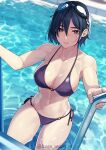  1girl absurdres bare_arms bare_shoulders bell bikini black_hair blue_bikini blurry blurry_background brown_eyes closed_mouth commentary_request day goggles goggles_on_head hair_between_eyes halterneck highres kagematsuri light_blush looking_at_viewer mole mole_under_mouth navel o-ring o-ring_bikini o-ring_top original outdoors pool short_hair side-tie_bikini_bottom smile solo stomach swimsuit twitter_username water 
