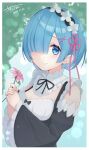  1girl blue_eyes blue_hair blunt_bangs blush bow breasts cleavage dated detached_sleeves flower frilled_shirt_collar frills hair_ornament hair_over_one_eye hairband hairclip highres holding holding_flower juliet_sleeves long_sleeves looking_at_viewer maid neck_ribbon own_hands_together puffy_sleeves re:zero_kara_hajimeru_isekai_seikatsu rem_(re:zero) ribbon rokugatsu_shigure short_hair smile solo x_hair_ornament 