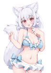  1girl :3 :d alternate_costume animal_ear_fluff animal_ears bikini blue_bikini blush breasts cleavage collarbone commentary_request contrapposto cowboy_shot grey_hair hands_up index_finger_raised inubashiri_momiji large_breasts looking_at_viewer medium_hair navel no_headwear open_mouth red_eyes rururiaru simple_background smile solo swimsuit tail touhou white_background wolf_ears wolf_girl wolf_tail 