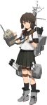  1girl adapted_turret black_hair black_sailor_collar black_skirt black_socks brown_eyes cannon full_body grin highres kantai_collection looking_at_viewer mast miyuki_(kancolle) miyuki_kai_ni_(kancolle) official_art pleated_skirt sailor_collar sailor_shirt school_uniform serafuku shibafu_(glock23) shirt short_hair skirt smile smokestack socks solo standing third-party_source torpedo_launcher transparent_background turret white_shirt 