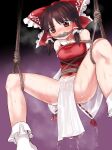  1girl bad_id bad_pixiv_id blush bow brown_eyes brown_hair detached_sleeves frilled_bow frilled_hair_tubes frills gag gunnjou_yosio hair_bow hair_tubes hakurei_reimu highres red_bow rope_gag shibari steam steaming_body suspension teeth touhou wet wet_clothes 