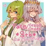  2boys anniversary blue_background border cape diamond_hairband enkidu_(fate) eyelashes fate/grand_order fate_(series) fingernails fur_cape grey_hair grin hair_between_eyes heart kujiraoka long_hair long_sleeves multiple_boys oberon_(fate) one_eye_closed robe shirt smile very_long_hair white_border white_robe white_shirt 