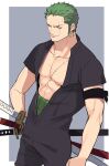  1boy abs bara black_jumpsuit collarbone cowboy_shot earrings green_hair grey_background highres jewelry jumpsuit looking_afar male_focus muscular muscular_male one_eye_closed one_piece open_clothes pectorals roronoa_zoro scar scar_across_eye scar_on_chest shironegi_zzz short_hair smile solo sword weapon 