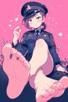  1girl badge bare_legs barefoot black_hair blush breast_pocket brown_hair crossed_legs feet foot_focus grey_eyes guang_man hat highres on_floor original pocket police police_hat police_uniform policewoman smile soles toenails toes uniform 