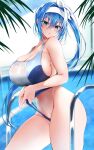  arm_under_breasts ass blue_hair blush breasts cleavage clothes_pull commission competition_swimsuit green_eyes hair_ribbon hairband highleg highleg_swimsuit highres large_breasts navel one-piece_swimsuit original pool pool_ladder ribbon sideboob skeb_commission swimsuit thighs uzura_kazuhisa white_hairband 
