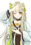  1girl :&gt; arknights black_choker blush choker closed_mouth coat green_eyes hair_between_eyes hair_ornament hand_up highres infection_monitor_(arknights) lab_coat laurel_crown laurels light_brown_hair long_hair long_sleeves looking_at_viewer mole mole_under_eye muelsyse_(arknights) one_eye_closed open_clothes open_coat open_labcoat pointy_ears rhine_lab_logo roika simple_background smile solo transformation upper_body wet white_background white_coat wide_sleeves 