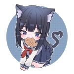  1girl animal_ear_fluff animal_ears arm_support black_hair blue_background blue_sailor_collar blue_skirt blush cat_ears cat_girl cat_tail chibi food furrowed_brow halftone heart heart_tail highres idoly_pride kemonomimi_mode kneeling leaning_forward legs_together long_bangs long_hair long_sleeves looking_at_viewer mouth_hold nagase_kotono neckerchief own_hands_together pleated_skirt purple_eyes red_neckerchief sailor_collar school_uniform serafuku shirt sidelocks simple_background skirt solo straight_hair tail taiyaki two-tone_background wagashi white_background white_shirt xx_ly_xo 