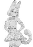  1girl absurdres animal_ear_fluff animal_ears animal_print arms_behind_back bare_shoulders blush bow bowtie breasts colored_inner_hair cowboy_shot earthisfire extra_ears gloves greyscale hair_between_eyes head_tilt high-waist_skirt highres impossible_clothes impossible_shirt kemono_friends looking_at_viewer medium_breasts medium_hair microskirt monochrome multicolored_hair parted_lips print_bow print_bowtie print_gloves print_skirt print_thighhighs serval_(kemono_friends) serval_print shirt skirt sleeveless sleeveless_shirt smile solo sweat tail thighhighs zettai_ryouiki 