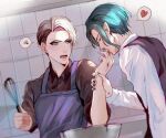  2boys :o apron aqua_hair black_hair black_nails black_shirt dire_crowley divus_crewel eyeshadow grey_eyes heart holding holding_another&#039;s_arm holding_whisk indoors licking long_sleeves makeup minatoya_mozuku mixing_bowl multicolored_hair multiple_boys no_mask shirt speech_bubble spoken_heart spoken_squiggle squiggle twisted_wonderland two-tone_hair upper_body whisk white_hair white_shirt yaoi 