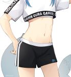  1girl black_shorts blue_hair character_name clothes_writing commentary crop_top crop_top_overhang english_commentary fins fish_tail gawr_gura gills head_out_of_frame highres hololive hololive_dance_practice_uniform hololive_english long_hair midriff mittsu multicolored_hair navel shark_girl shark_tail shirt shirt_overhang short_sleeves shorts simple_background solo streaked_hair tail virtual_youtuber white_background white_hair white_shirt 