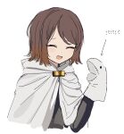  brown_hair button_eyes cape closed_eyes doll happy highres inudogsaikou library_of_ruina moirai_(library_of_ruina) open_mouth project_moon puppet sock_puppet speech_bubble white_cape 