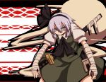  1girl :/ arm_wrap ascot black_ascot black_hairband black_ribbon blue_eyes bob_cut breasts closed_mouth collared_shirt commentary_request cowboy_shot cross_scar frown ghost green_skirt green_vest grey_hair hair_between_eyes hair_ribbon hairband katana konpaku_youmu konpaku_youmu_(ghost) kuri_dora leaning_forward long_bangs looking_at_viewer puffy_short_sleeves puffy_sleeves ribbon scabbard scar scar_on_cheek scar_on_face shaded_face sheath shirt short_hair short_sleeves skirt skirt_set small_breasts solo sword touhou v-shaped_eyebrows vest wakizashi weapon white_shirt 