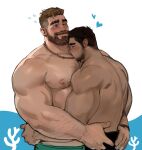  2boys bara beard black_hair black_male_swimwear blush brown_hair closed_eyes coral_island couple dopey_(dopq) facial_hair green_male_swimwear highres hug jewelry large_pectorals male_focus male_swimwear mark_(coral_island) multiple_boys muscular muscular_male necklace nipples one_eye_closed pectorals rafael_(coral_island) short_hair smile topless_male yaoi 